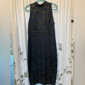 Sangria MIDI mock turtle neck blue and black with gold shift dress. Size 14